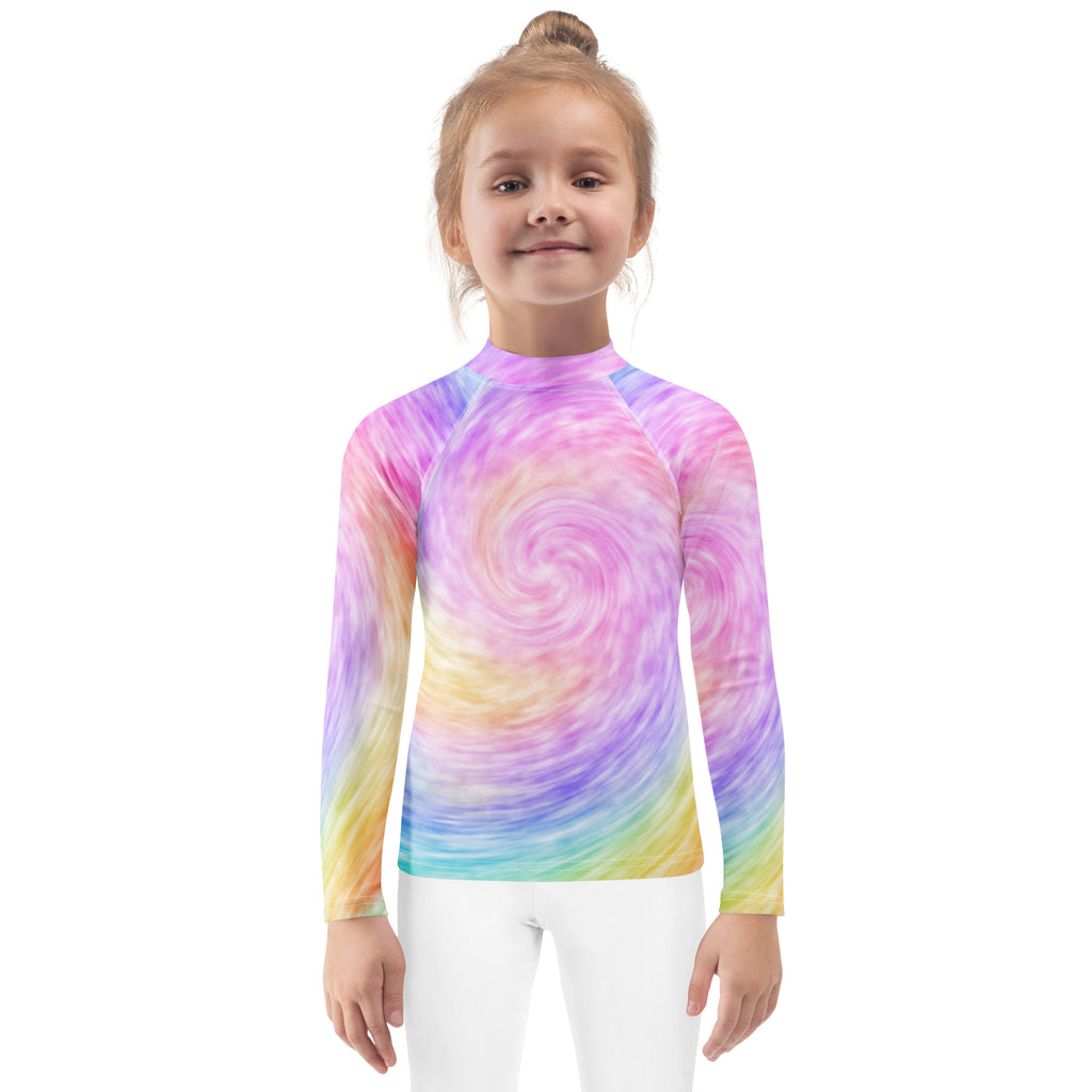 Kids rainbow tie dye long sleeve rash guard swim shirt with vibrant pastel pink purple blue yellow patterns and UPF 50+ protection