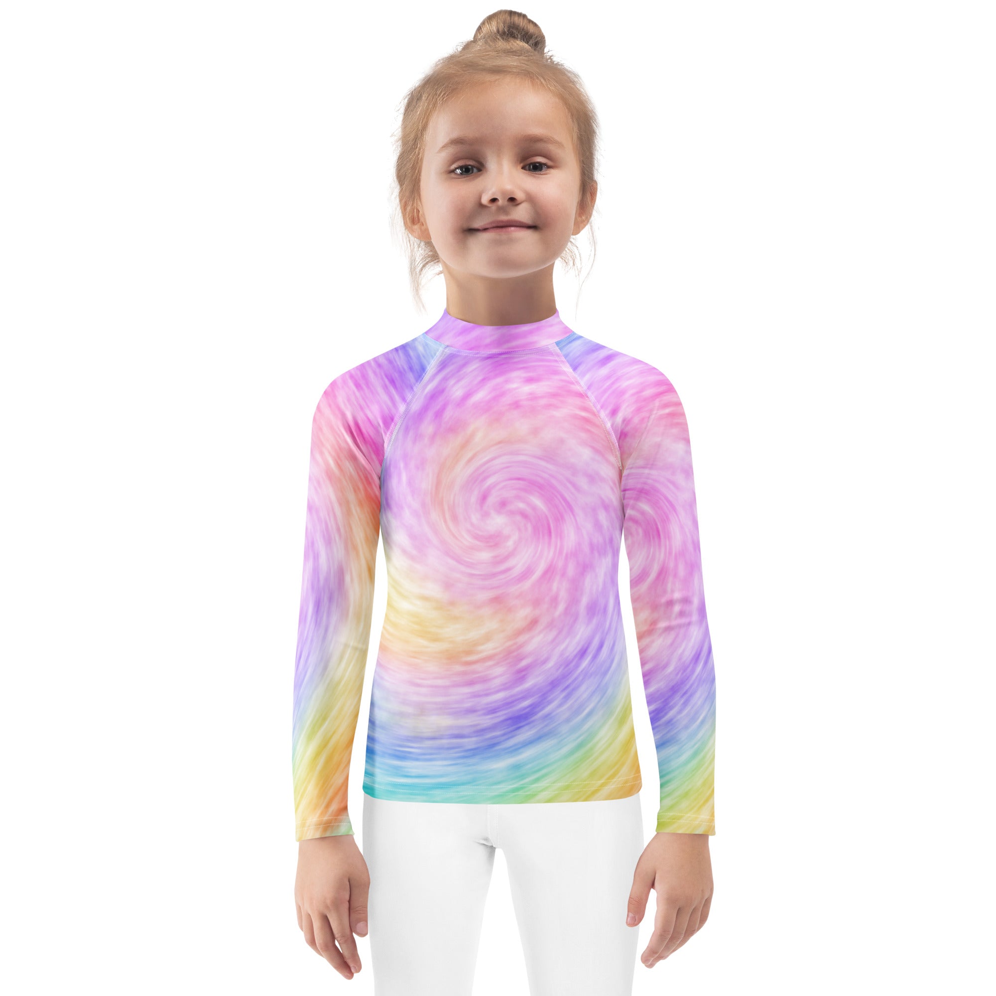 Kids rainbow tie dye long sleeve rash guard swim shirt with vibrant pastel pink purple blue yellow patterns and UPF 50+ protection