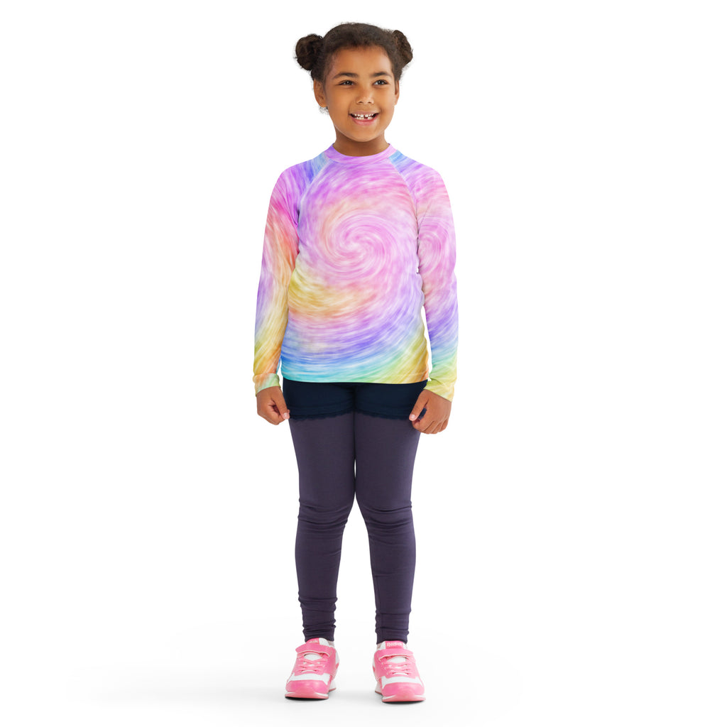 Kids rainbow tie dye long sleeve rash guard swim shirt with upf 50 plus in pastel pink purple yellow blue swirl pattern
