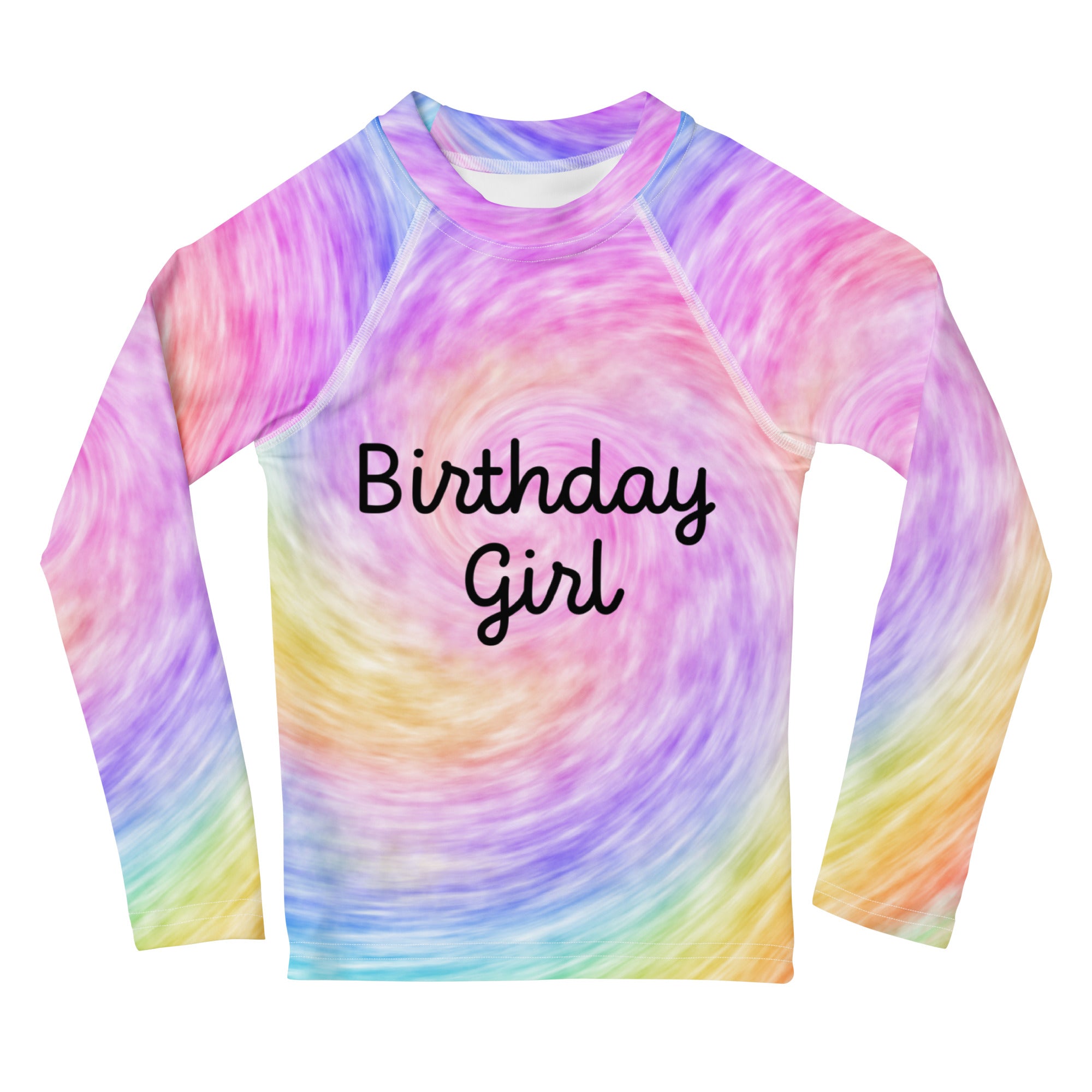 A vibrant rainbow swirl girls long sleeve rash guard with birthday girl in black cursive and UPF 50 plus protection