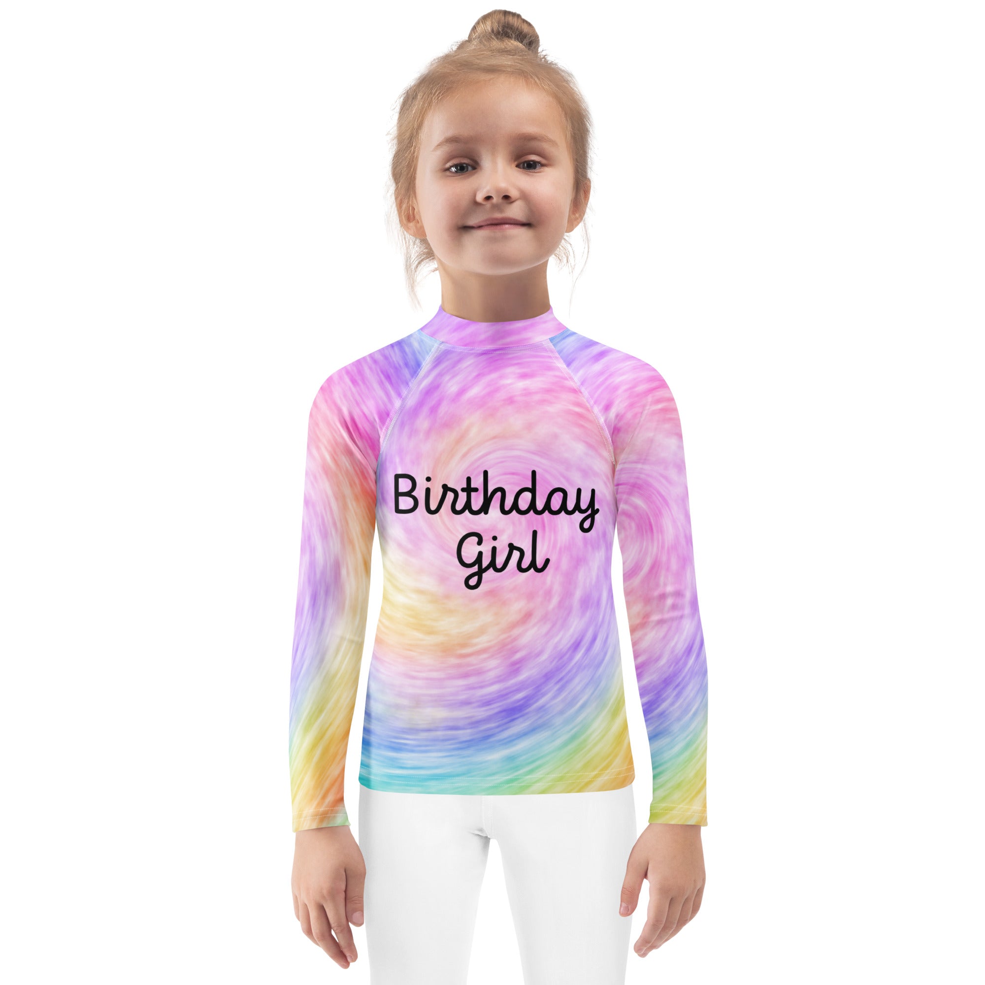 A girls faux rainbow tie dye long sleeve rash guard swim shirt with birthday girl print and upf 50 plus protection