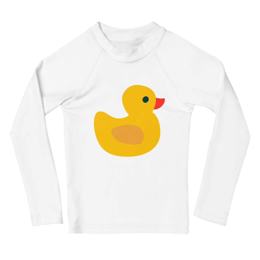 White long sleeve kids rash guard swim shirt with cheerful yellow rubber duck graphic and UPF 50 plus protection