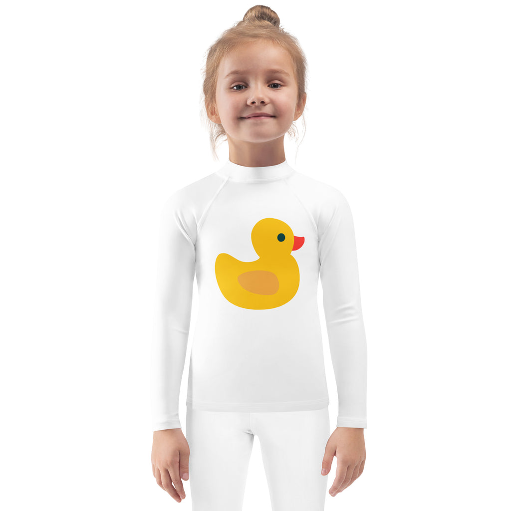 White long sleeve rash guard for kids with a bright yellow rubber duck graphic and UPF 50 plus sun protection