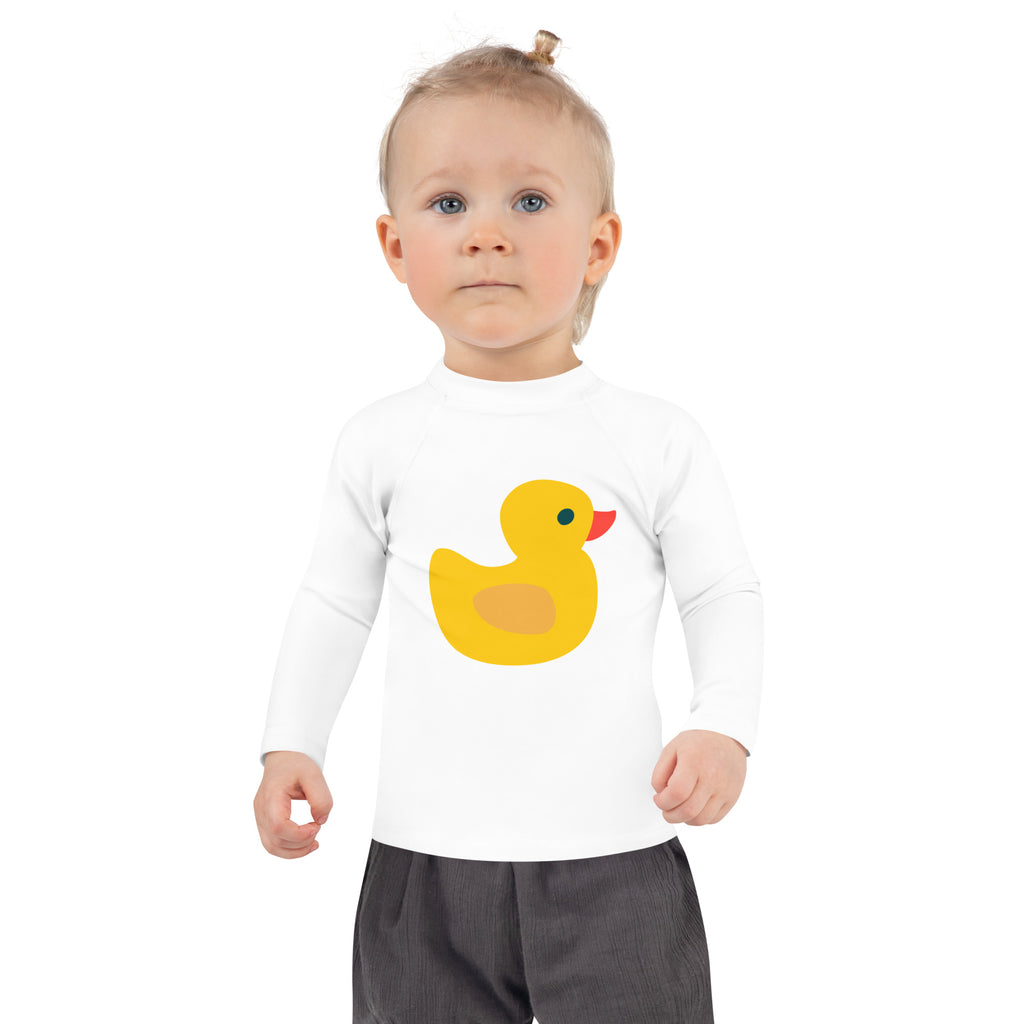 White long-sleeved toddler rash guard swim shirt with a bright yellow rubber duck graphic and upf 50+ protection