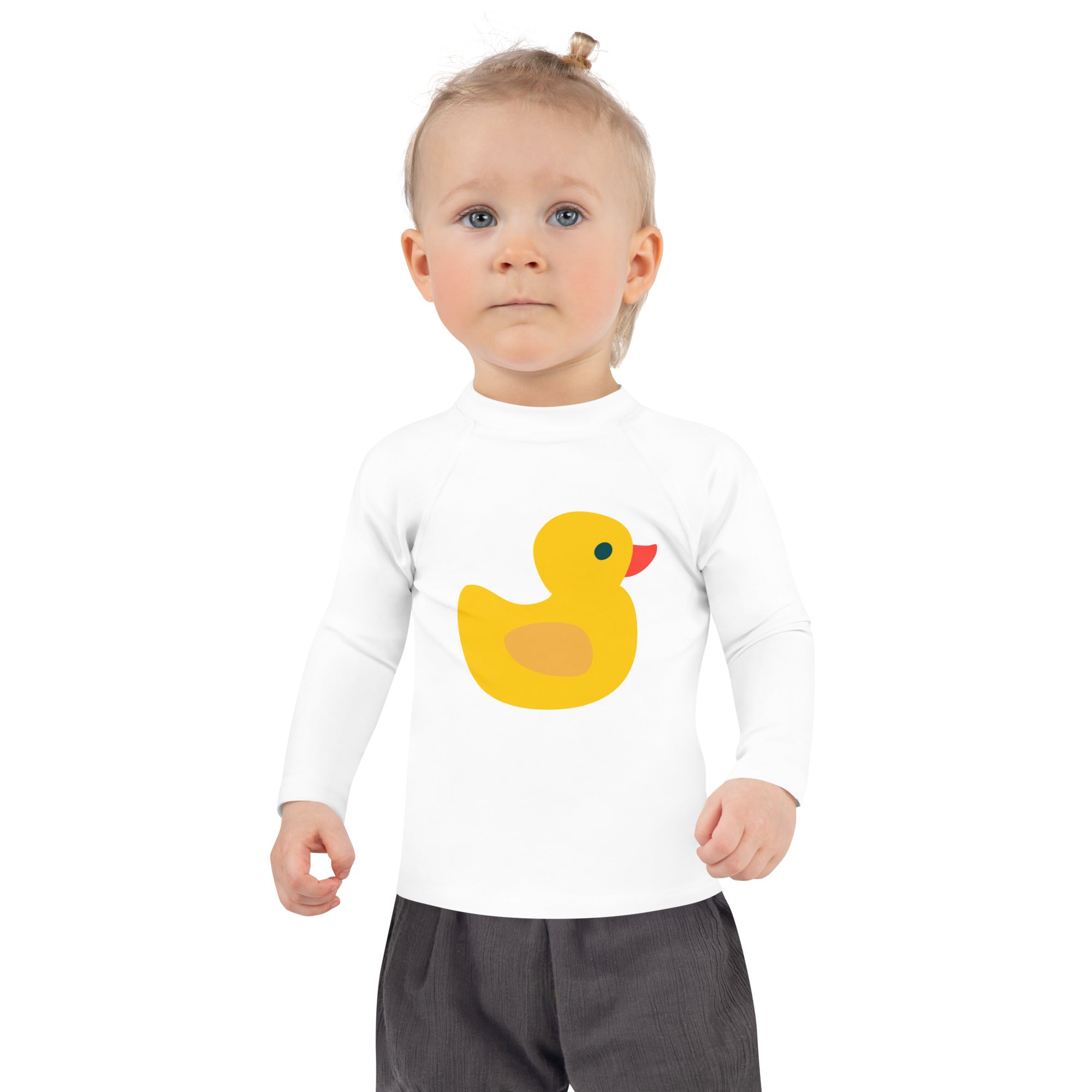 White long-sleeved toddler rash guard swim shirt with a bright yellow rubber duck graphic and upf 50+ protection