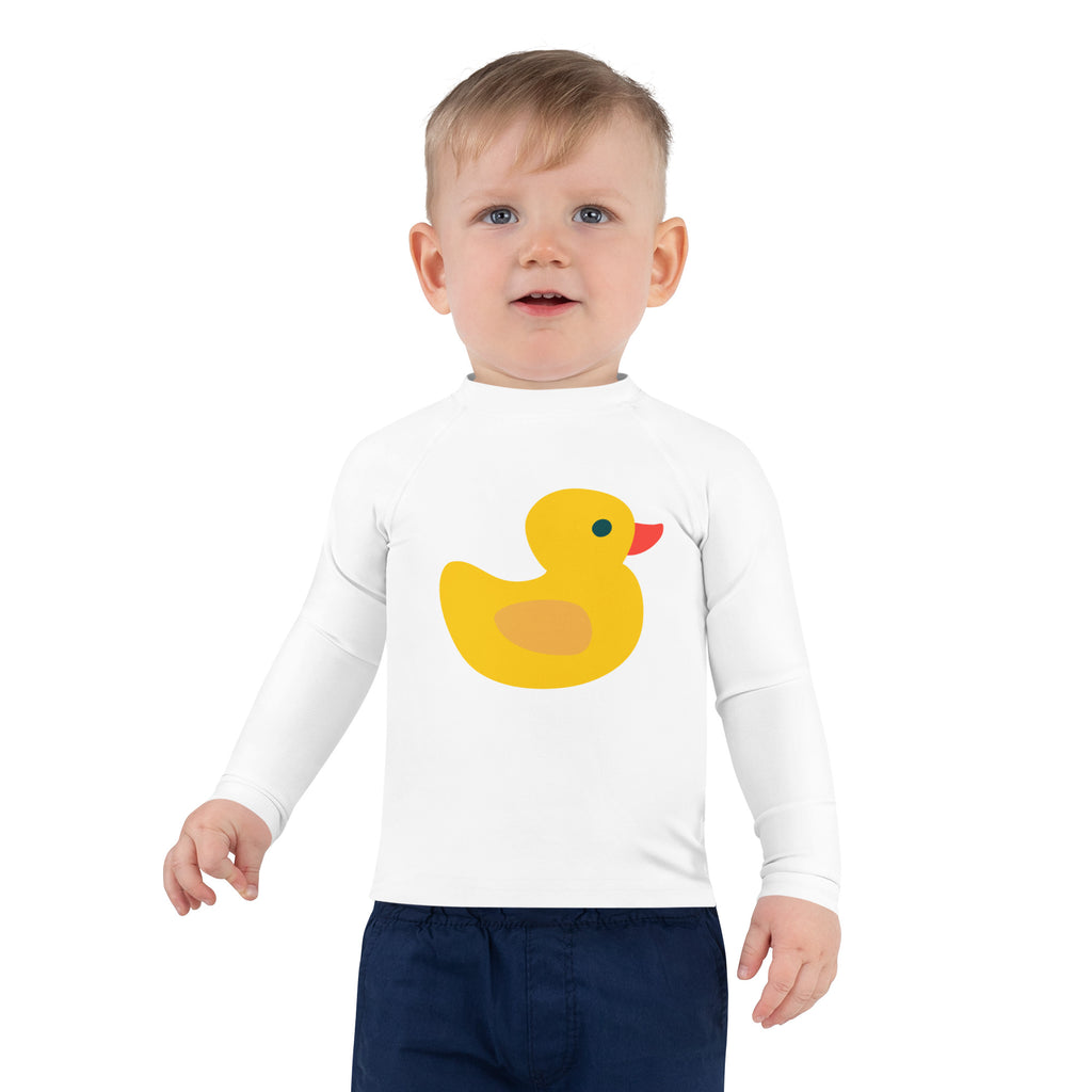 White long sleeve kids rash guard swim shirt with bright yellow rubber duck graphic and upf 50 plus protection