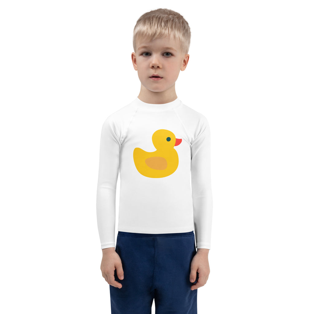 White long-sleeved kids rash guard swim shirt with a bright yellow rubber duck graphic and UPF 50+ sun protection