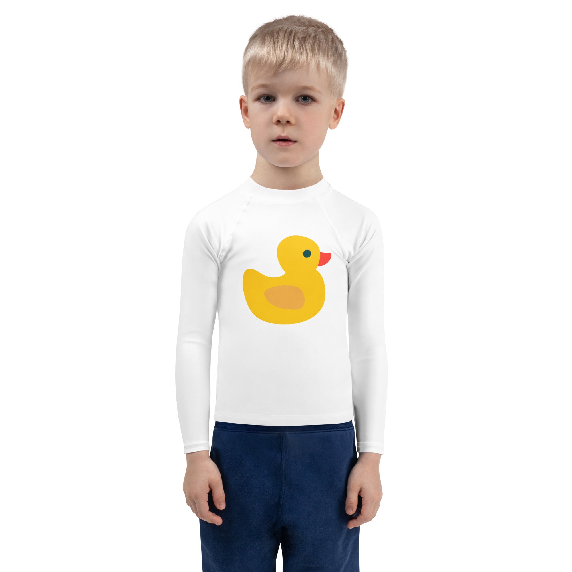 White long-sleeved kids rash guard swim shirt with a bright yellow rubber duck graphic and UPF 50+ sun protection