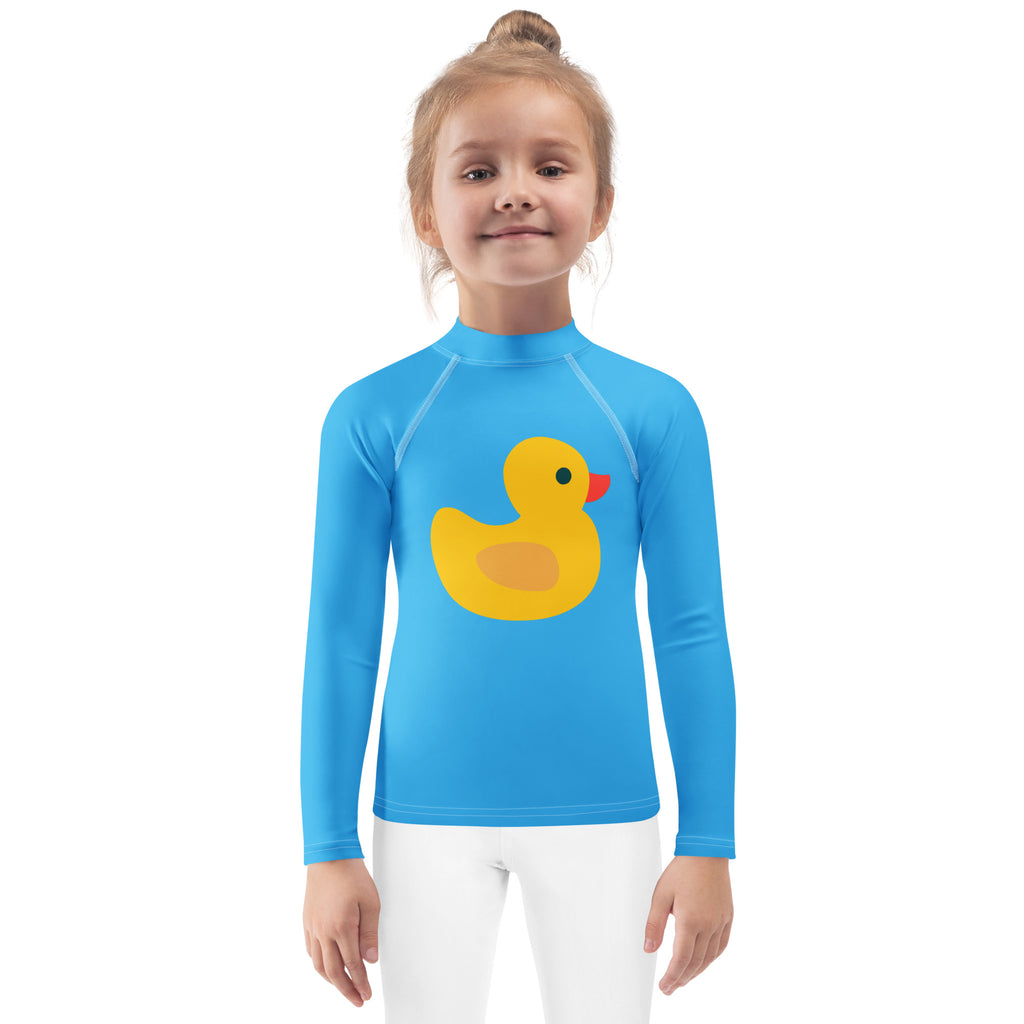 Bright blue kids long sleeve rash guard swim shirt with cheerful yellow rubber duck graphic and UPF 50+ protection