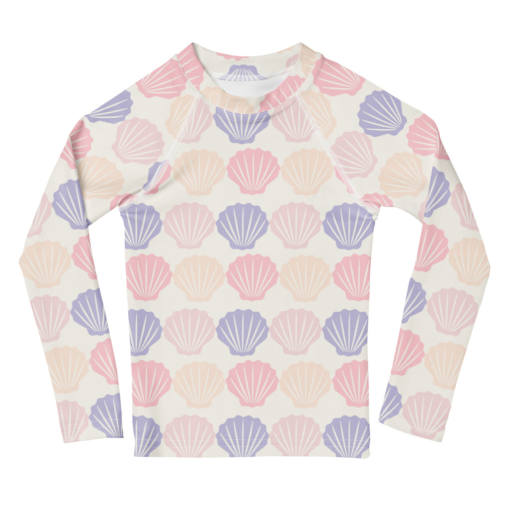 Kids long sleeve rash guard swim shirt with upf 50+ featuring pastel pink lavender and cream seashell print