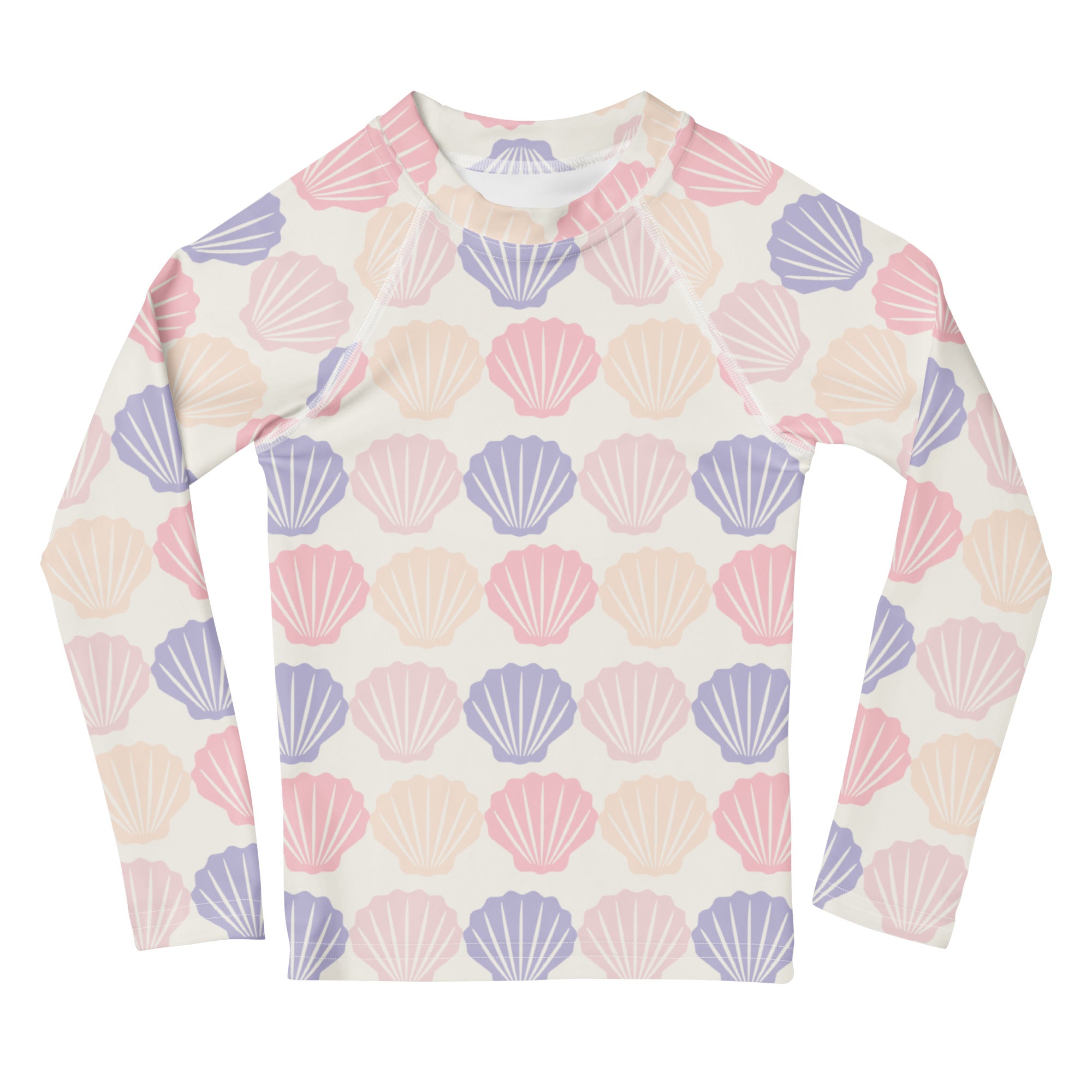 Kids long sleeve rash guard swim shirt with upf 50+ featuring pastel pink lavender and cream seashell print