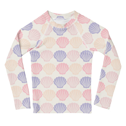 Kids Seashell Print Long Sleeve Rash Guard Swim Shirt With UPF 50+