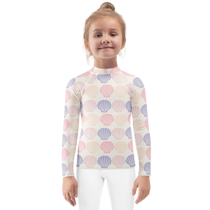 Kids Seashell Print Long Sleeve Rash Guard Swim Shirt With UPF 50+