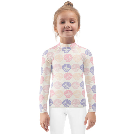 Kids Seashell Print Long Sleeve Rash Guard Swim Shirt With UPF 50+