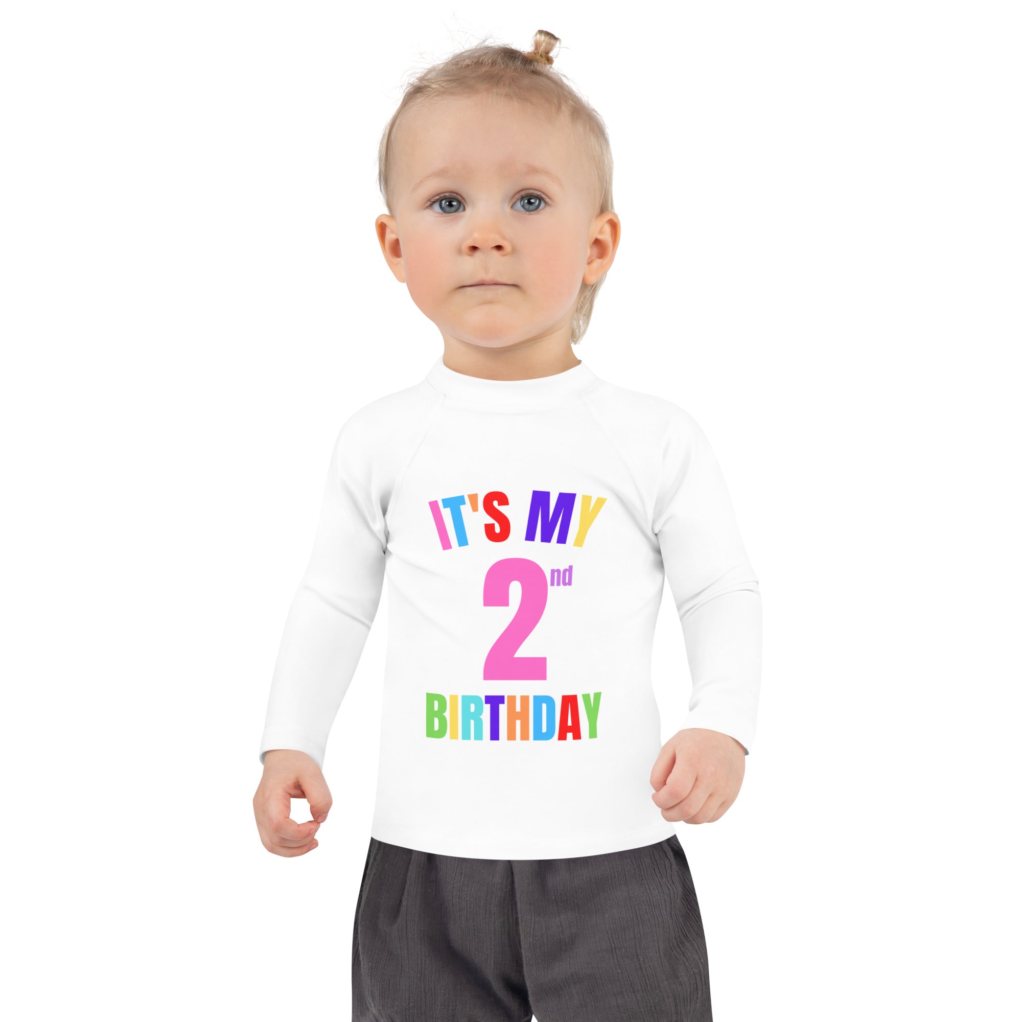 White long-sleeved toddler shirt with colorful its my 2nd birthday graphic designed for kids birthday wear