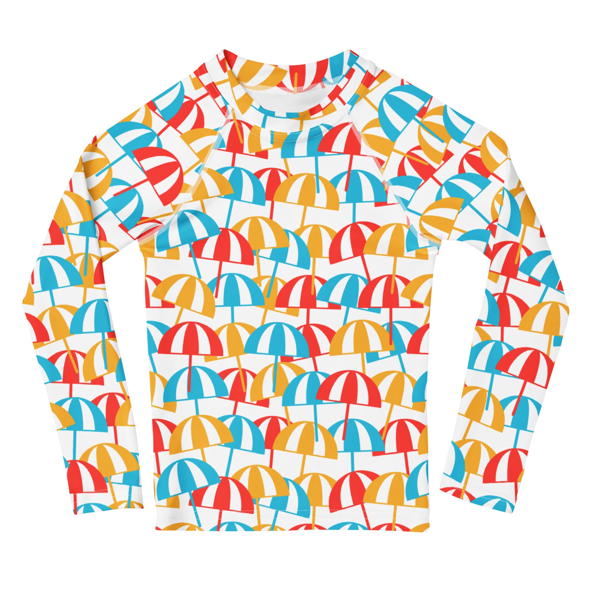 Kids beach umbrella long sleeve rash guard swim shirt with UPF 50 plus featuring red blue yellow striped umbrellas on white