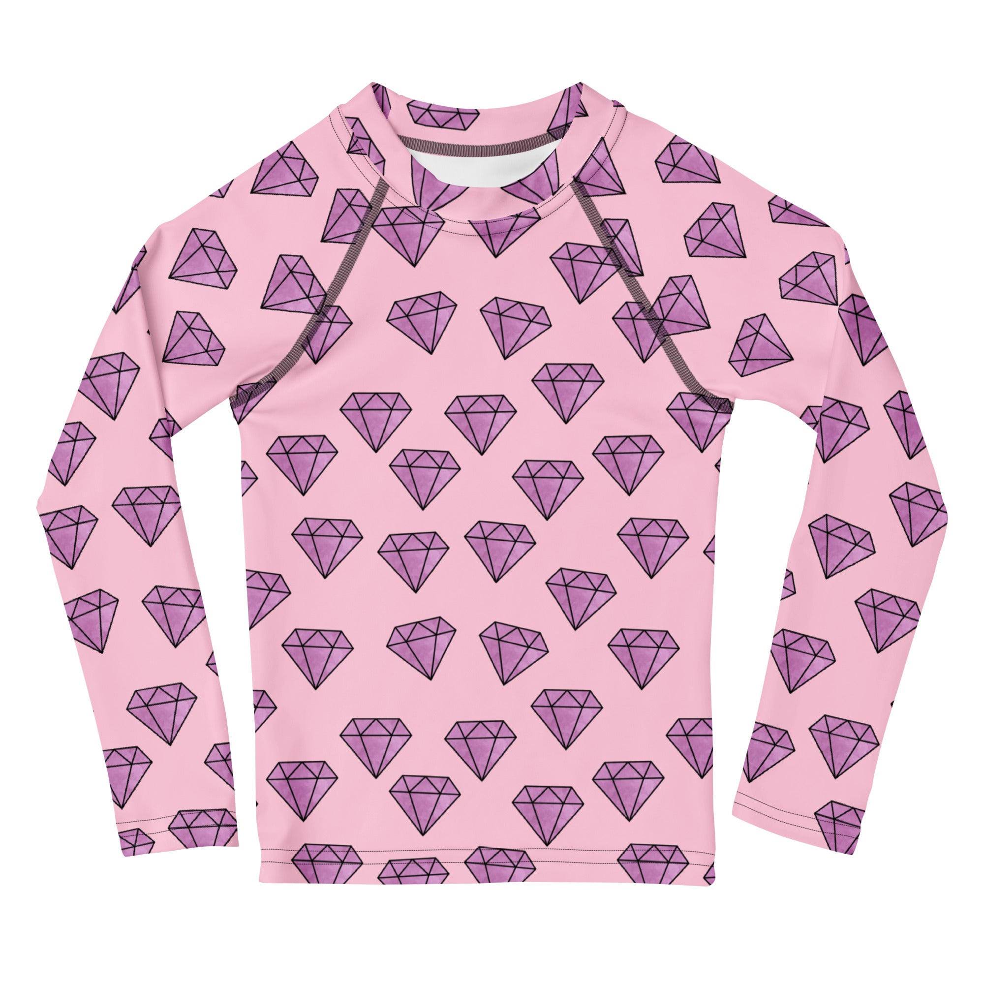 Girls purple diamonds long sleeve rash guard swim shirt in pink with purple diamond pattern and upf 50 plus protection