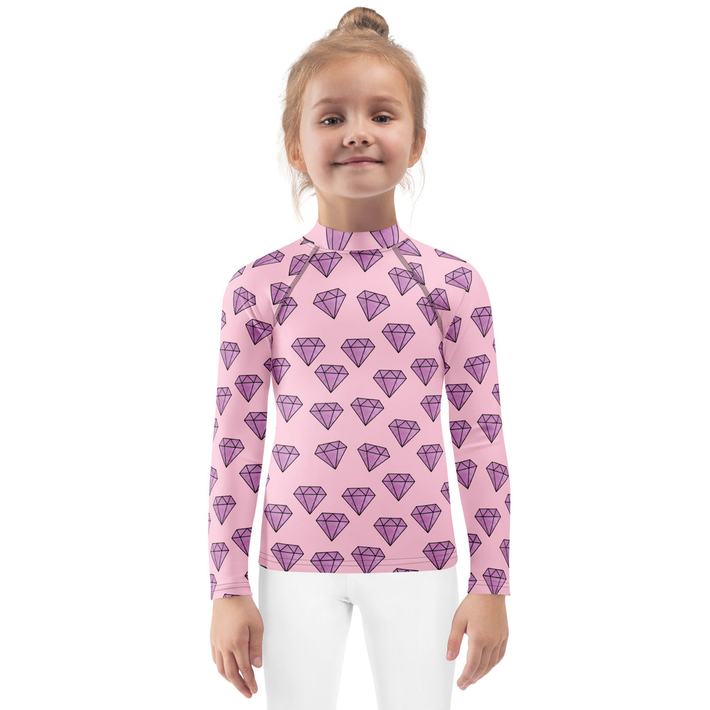 Pink long sleeve rash guard for girls with purple diamond pattern and upf 50 plus sun protection