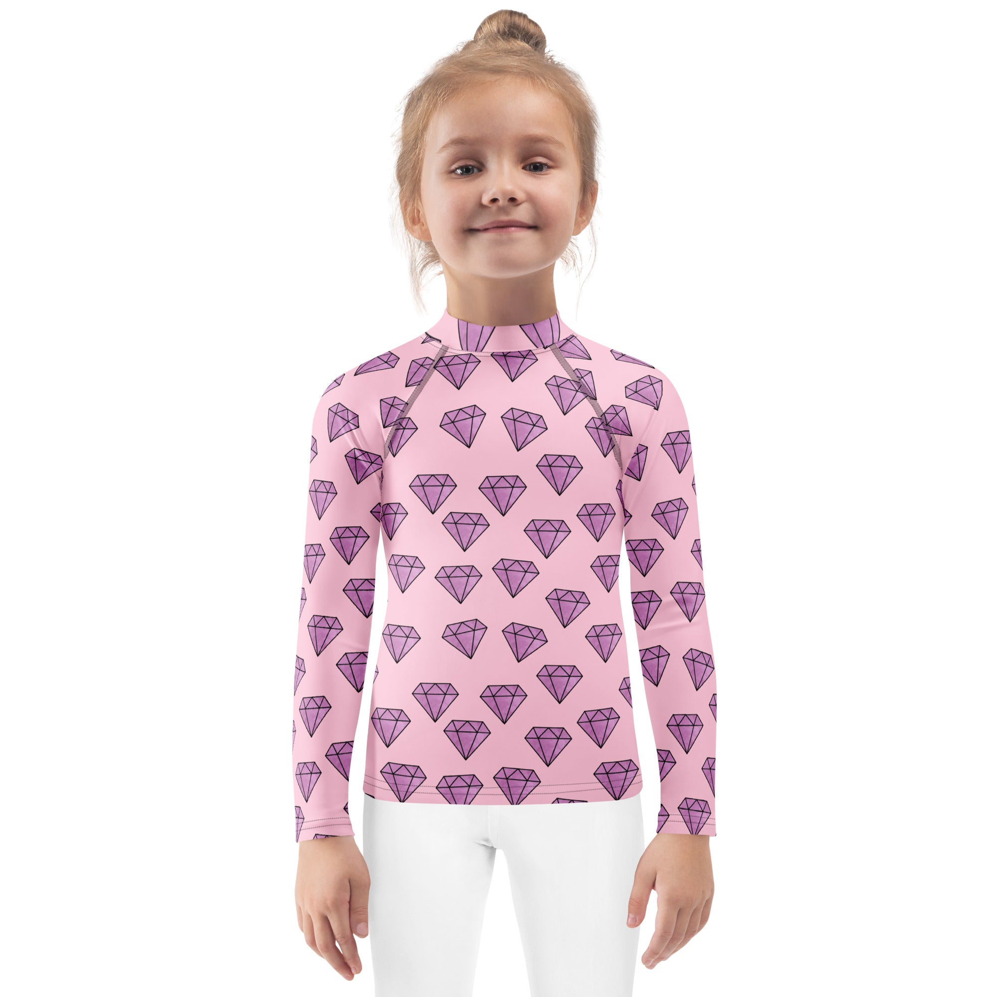 Pink long sleeve rash guard for girls with purple diamond pattern and upf 50 plus sun protection