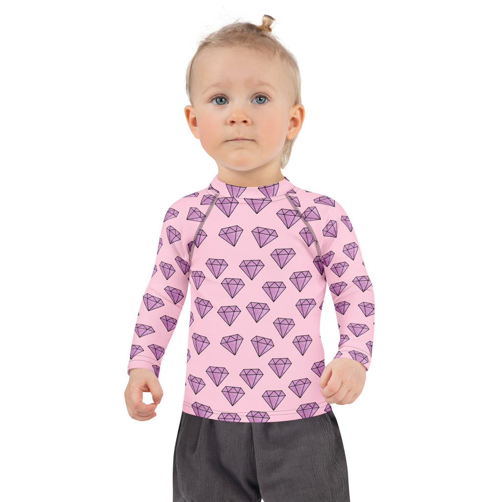 Girls purple diamonds long sleeve rash guard swim shirt with upf 50 plus in pink with purple diamond pattern