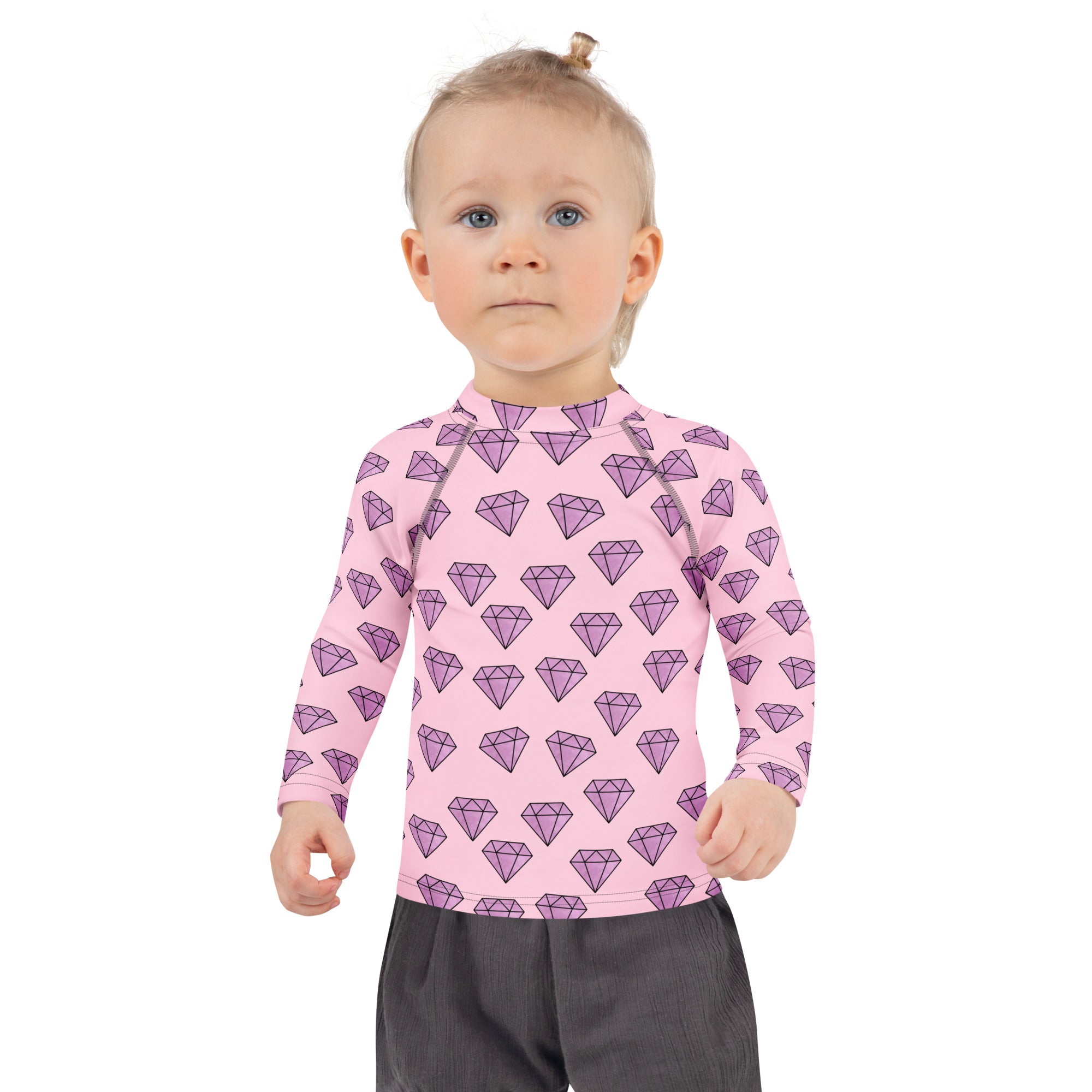 Girls purple diamonds long sleeve rash guard swim shirt with upf 50 plus in pink with purple diamond pattern