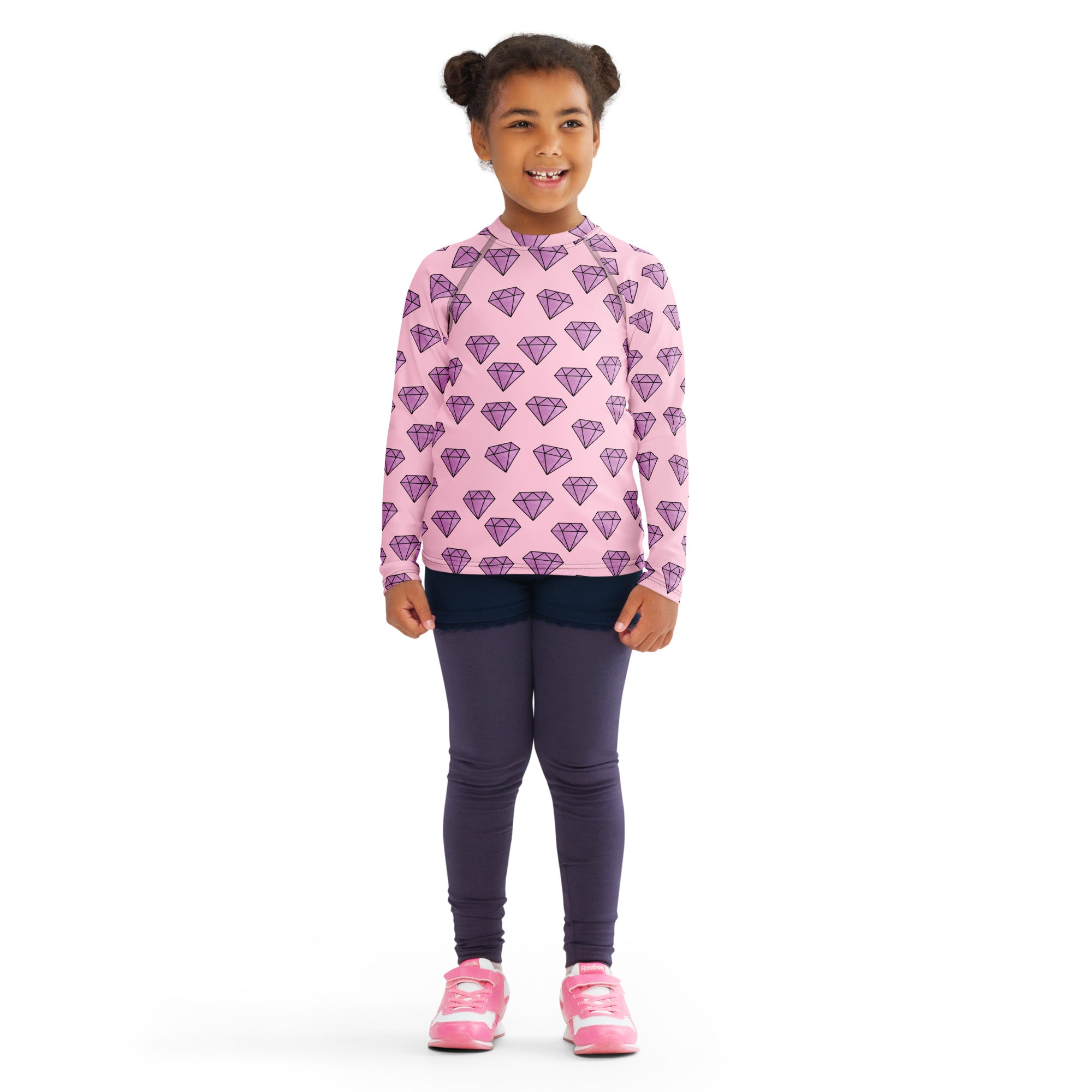 Girls purple diamonds long sleeve rash guard swim shirt with upf 50 plus featuring pink fabric and purple diamond pattern