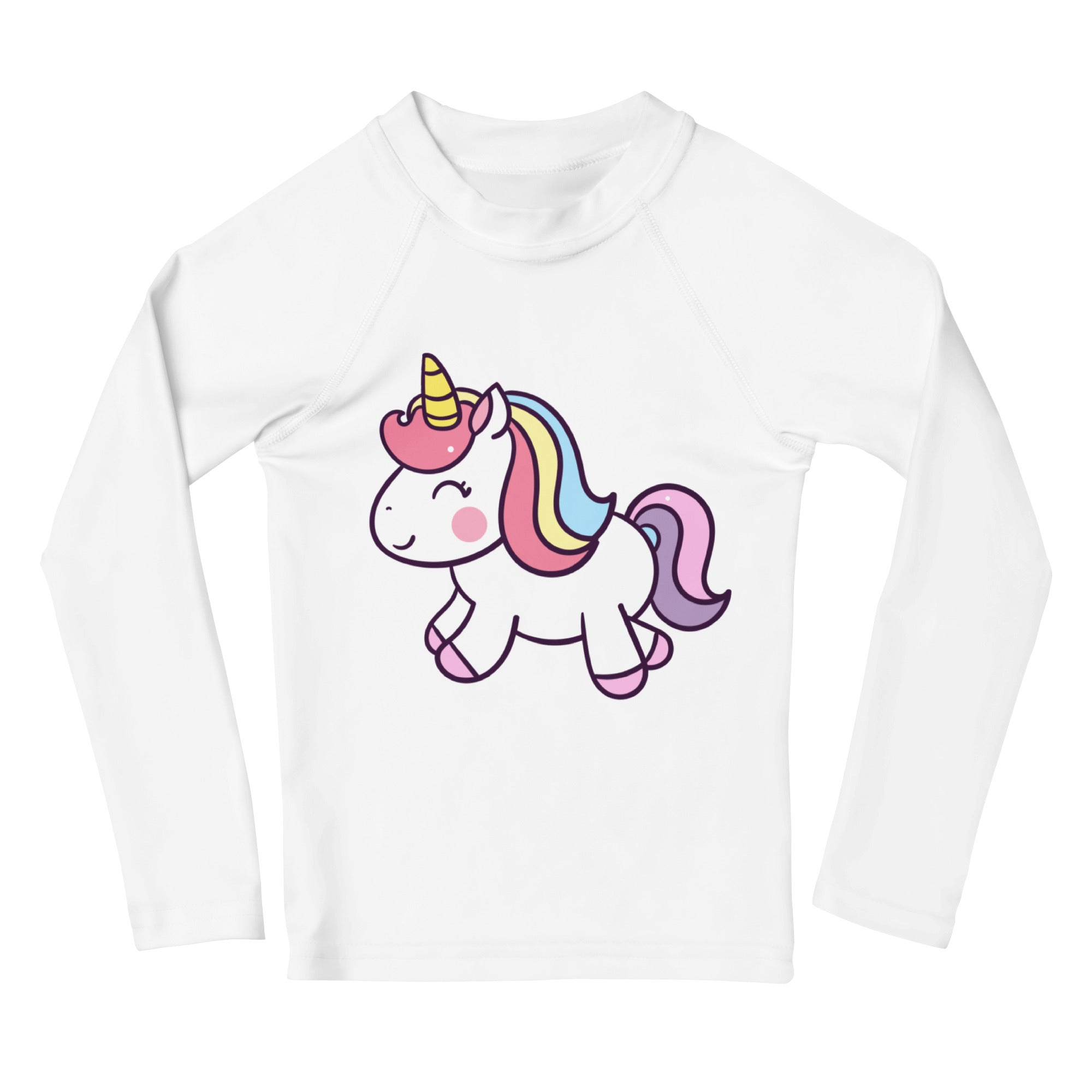 White long-sleeved girls unicorn rash guard swim shirt with colorful cartoon unicorn and upf 50+ protection