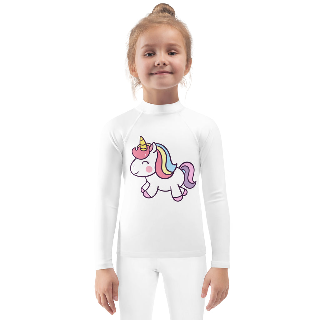 White long sleeve rash guard for girls with colorful cartoon unicorn graphic and UPF 50 plus sun protection