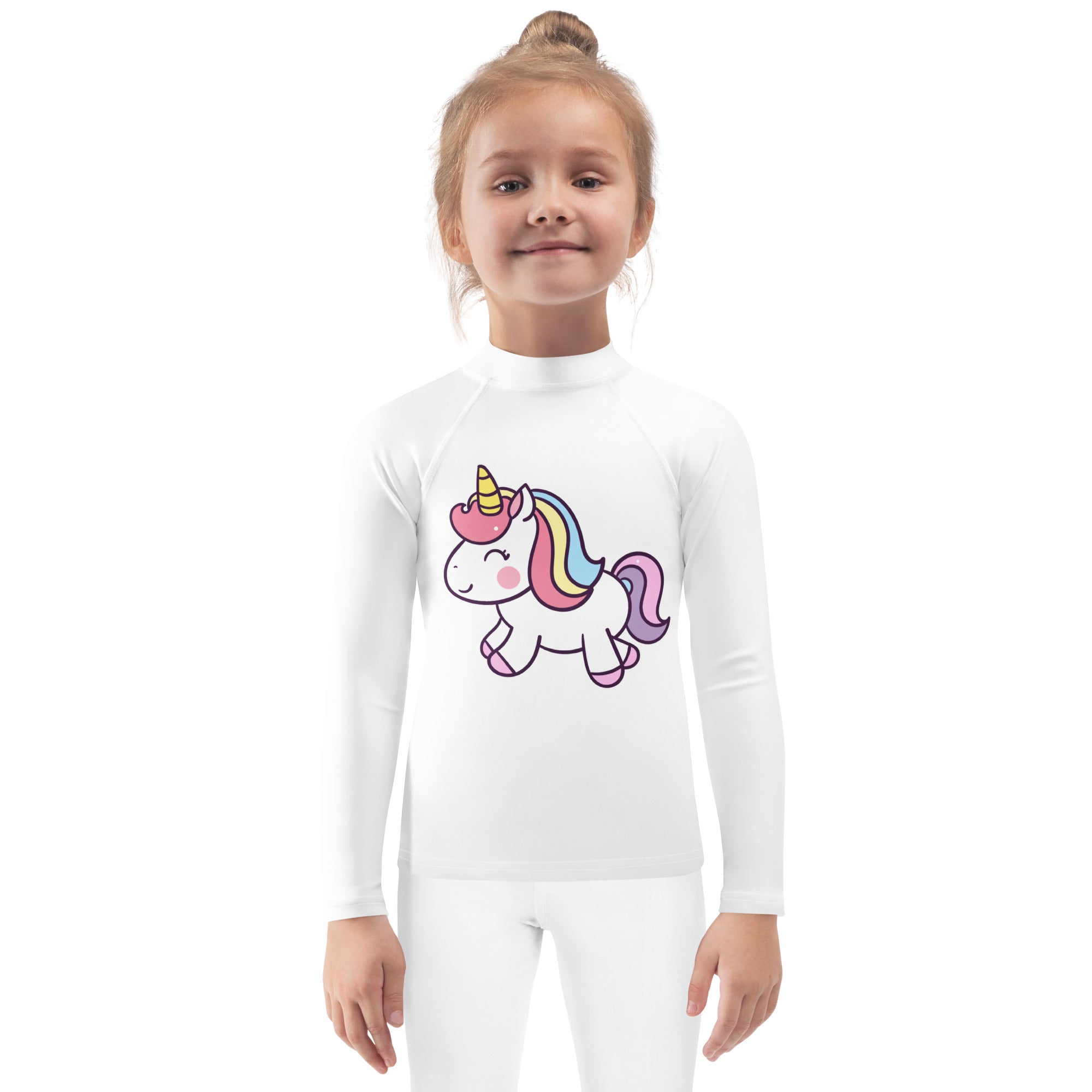White long sleeve rash guard for girls with colorful cartoon unicorn graphic and UPF 50 plus sun protection