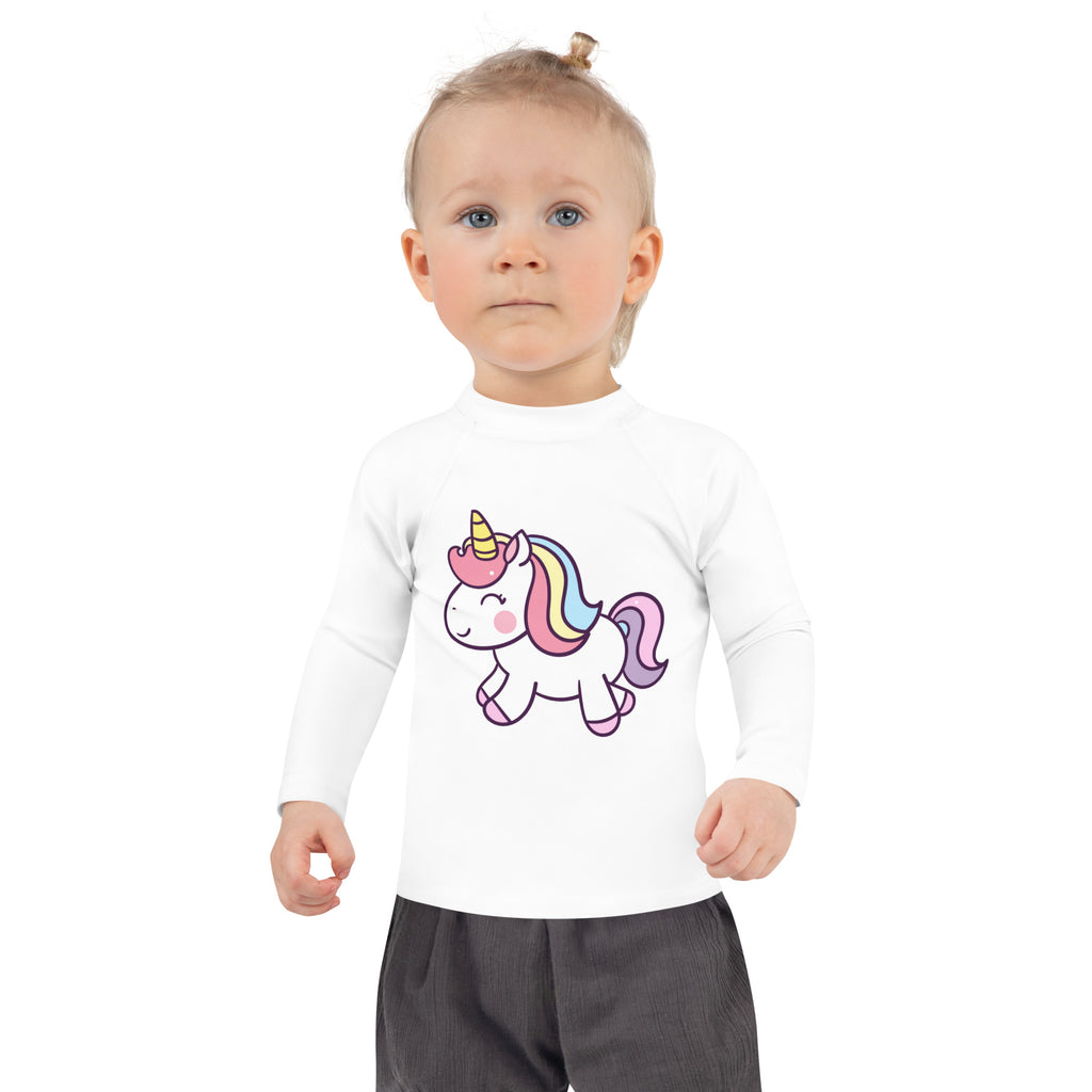 White long sleeve toddler rash guard swim shirt with colorful cartoon unicorn graphic and upf 50 plus protection