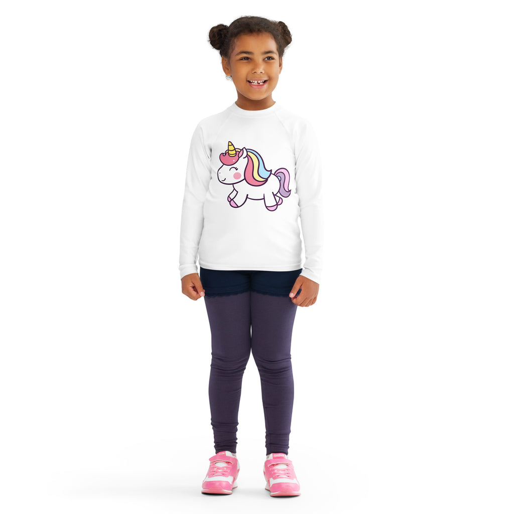 White long sleeve girls rash guard swim shirt with colorful cartoon unicorn design and UPF 50 plus protection
