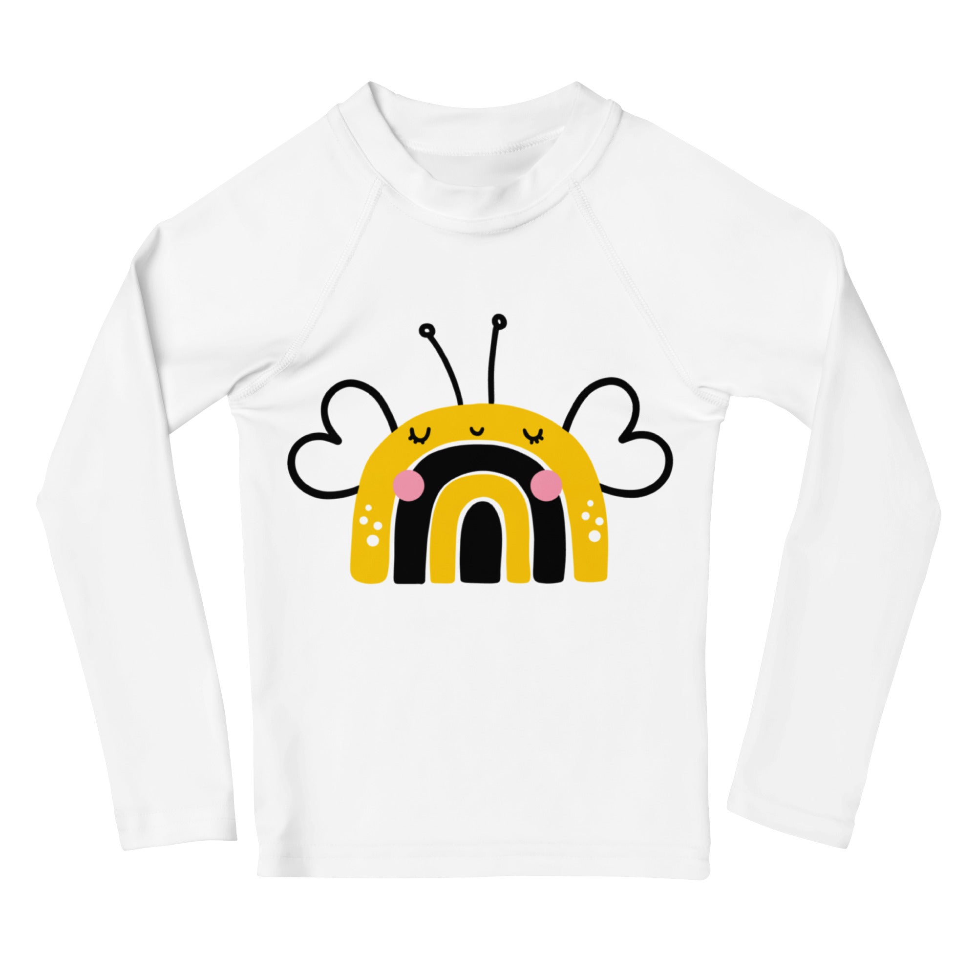 Kids bee long sleeve rash guard swim shirt white with cheerful yellow and black bee design and upf 50 plus protection