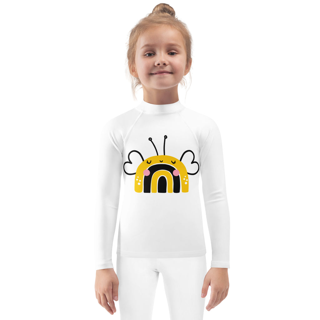 White kids bee long sleeve rash guard swim shirt with upf 50+ featuring a cheerful cartoon yellow bee design