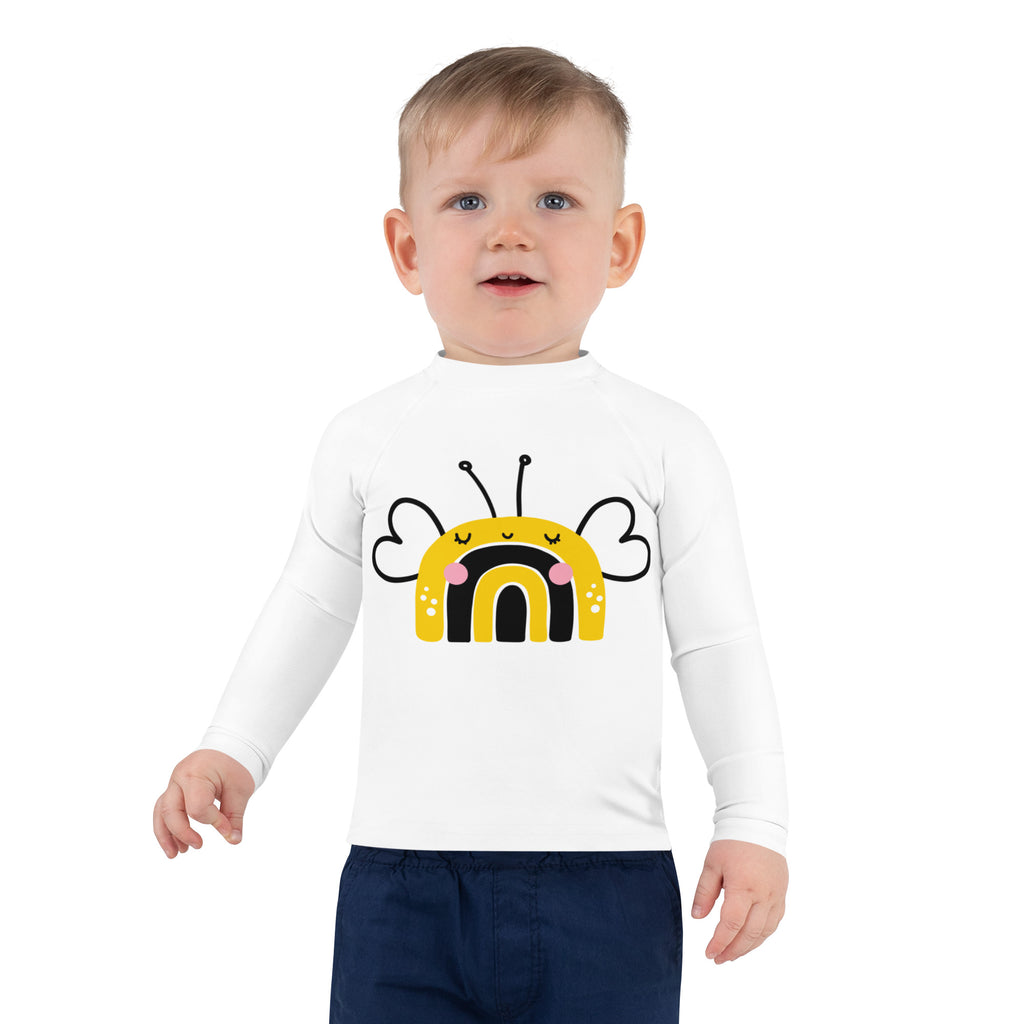 White long sleeve toddler rash guard shirt with cheerful yellow bee design and upf 50 plus sun protection
