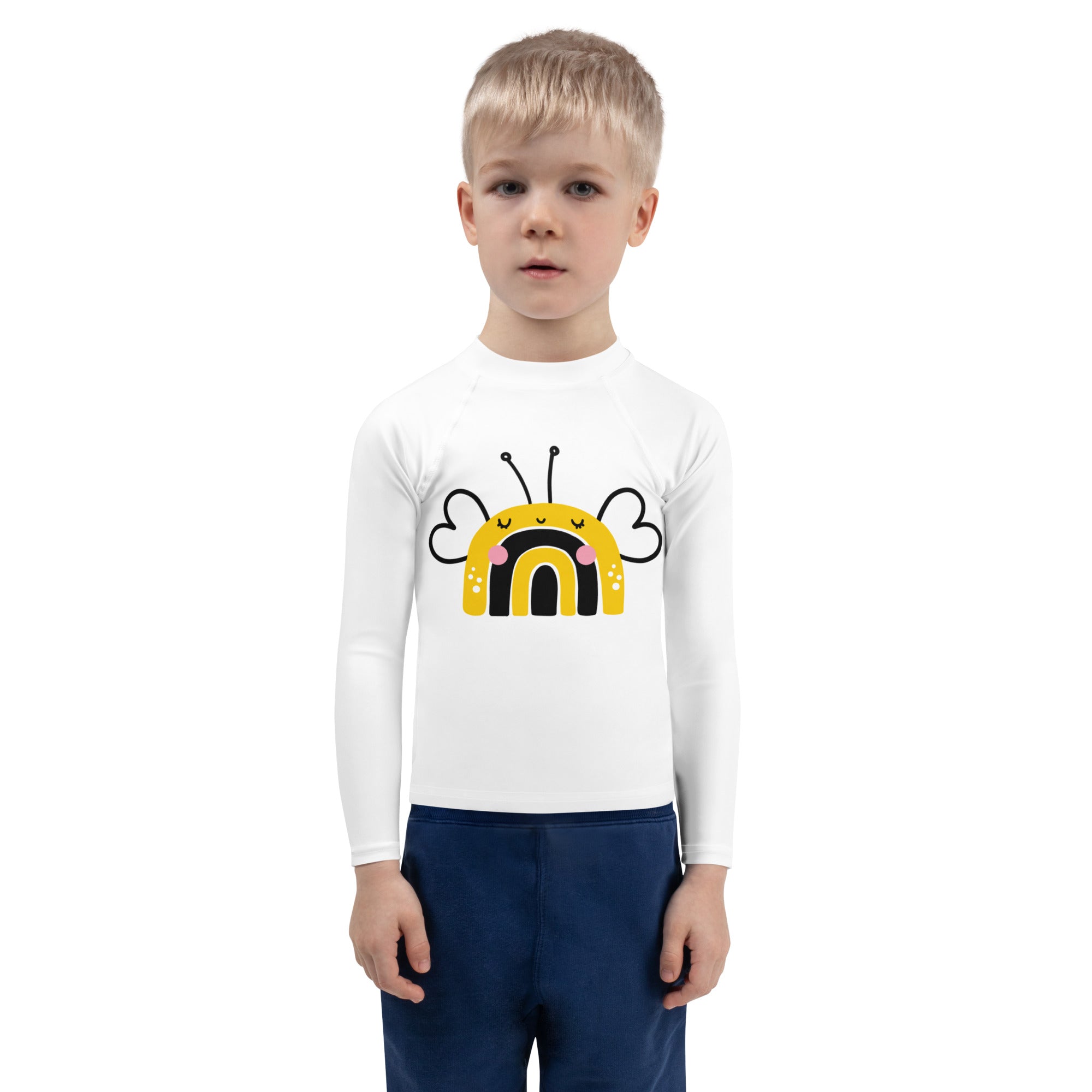 White long sleeve kids rash guard swim shirt with yellow and black bee design pink cheeks antennae upf 50+ protection