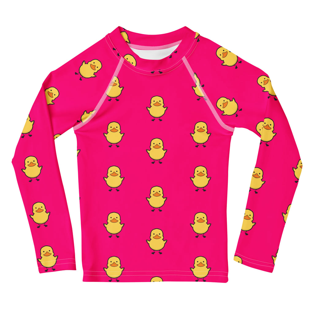 Girls Pink Rubber Duck Long Sleeve Rash Guard Swim Shirt With UPF 50+
