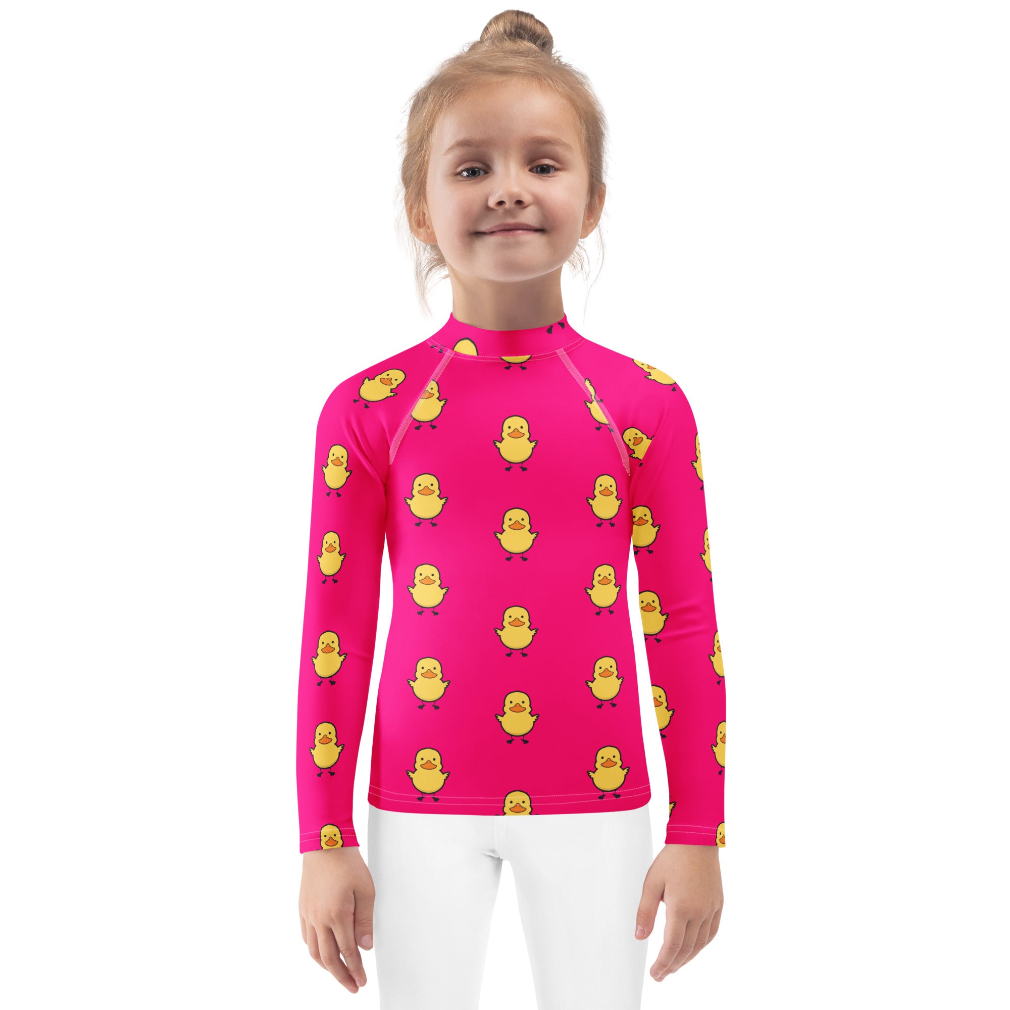 Girls Pink Rubber Duck Long Sleeve Rash Guard Swim Shirt With UPF 50+