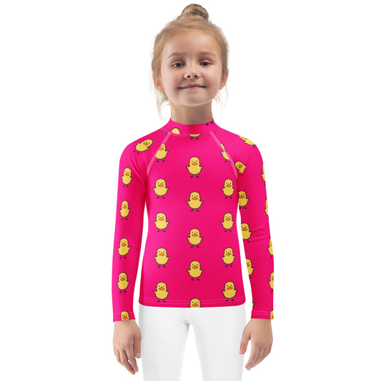 Girls Pink Rubber Duck Long Sleeve Rash Guard Swim Shirt With UPF 50+