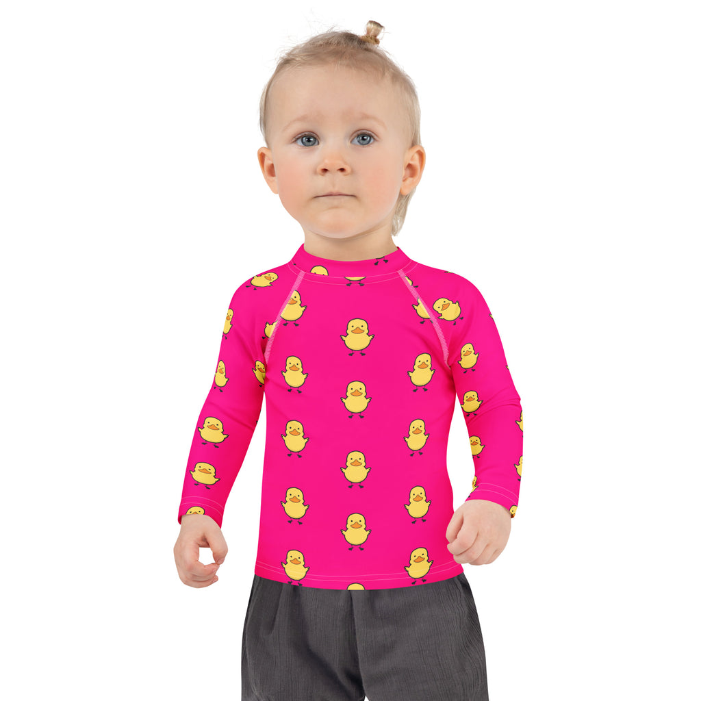 Girls Pink Rubber Duck Long Sleeve Rash Guard Swim Shirt With UPF 50+