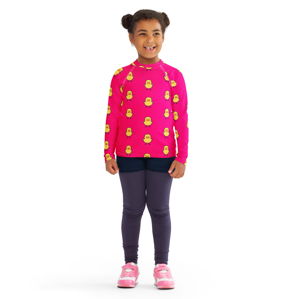 Girls Pink Rubber Duck Long Sleeve Rash Guard Swim Shirt With UPF 50+