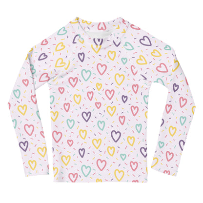 Girls Hearts & Sprinkles Long Sleeve Rash Guard Swim Shirt With UPF 50+