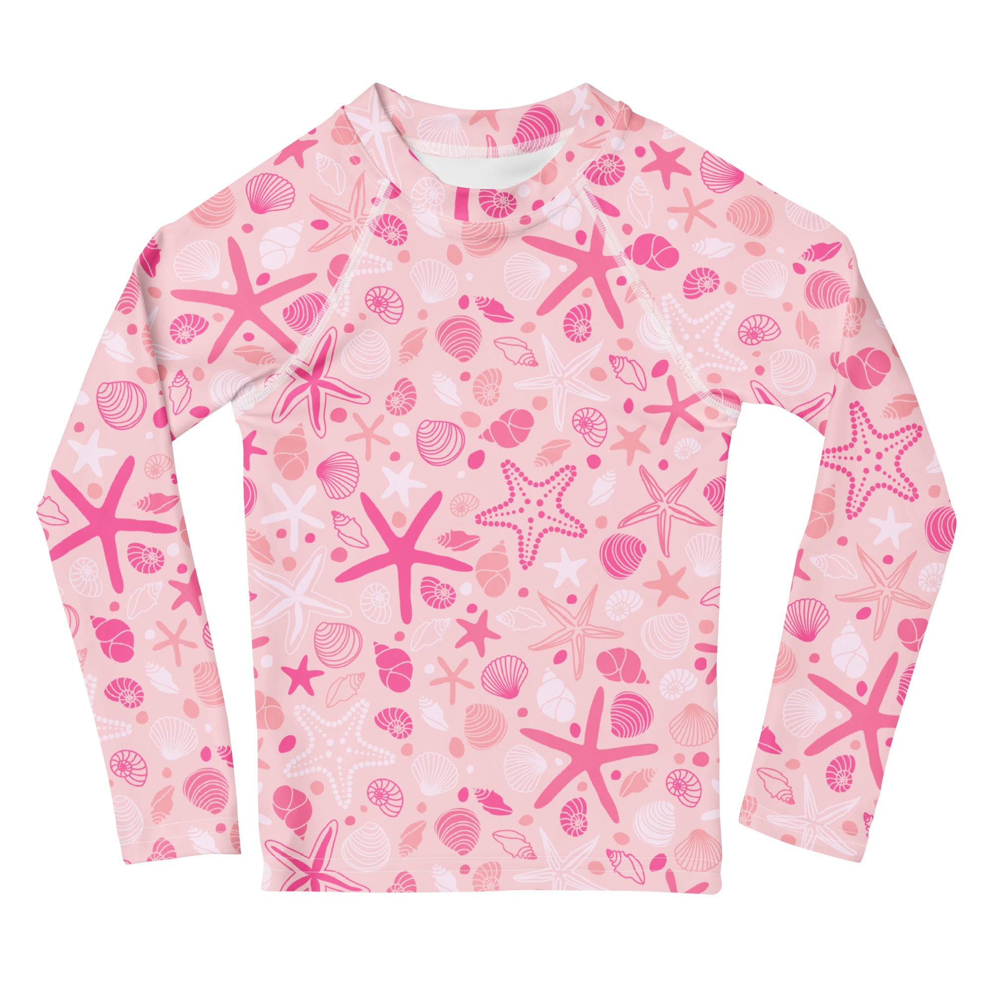 Girls pink starfish and seashell long sleeve rash guard swim shirt with upf 50 plus featuring playful ocean print