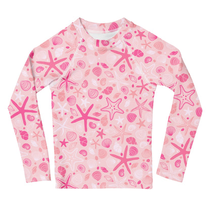 Girls Pink Starfish & Seashell Long Sleeve Rash Guard Swim Shirt With UPF 50+