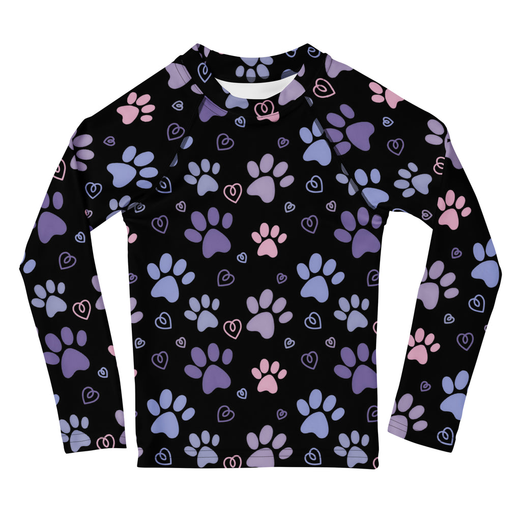 Black girls long sleeve rash guard swim shirt with purple and pink paw prints and UPF 50 plus sun protection