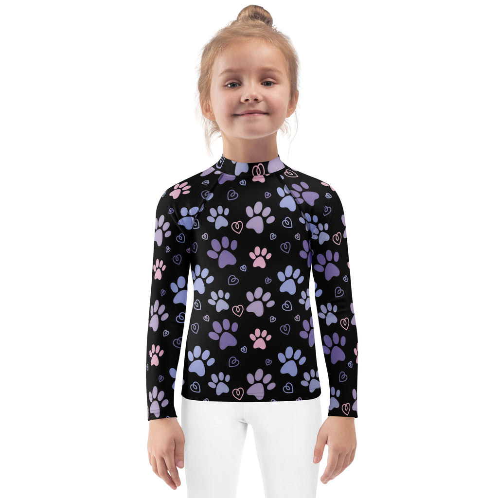 Girls purple and pink paw print long sleeve rash guard swim shirt with UPF 50 plus featuring playful paw and heart pattern