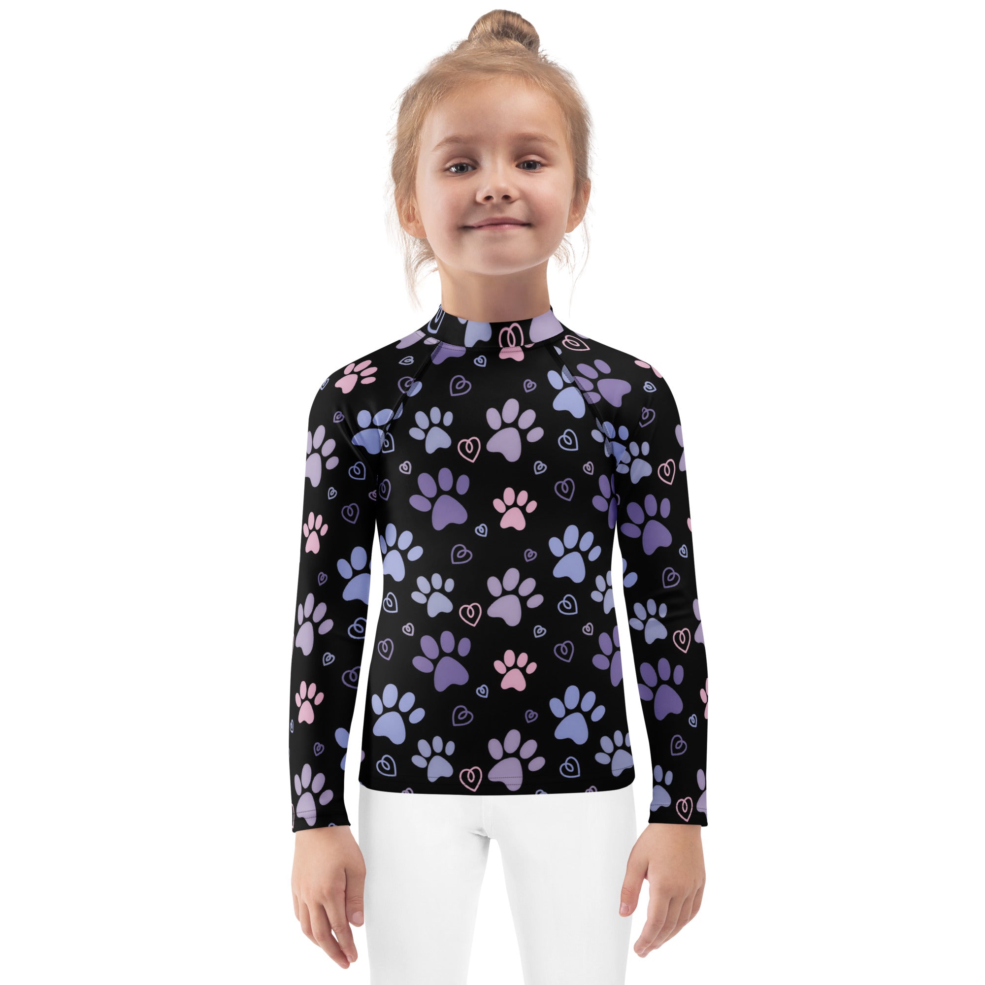 Girls Purple and Pink Paw Print Long Sleeve Rash Guard Swim Shirt With UPF 50+