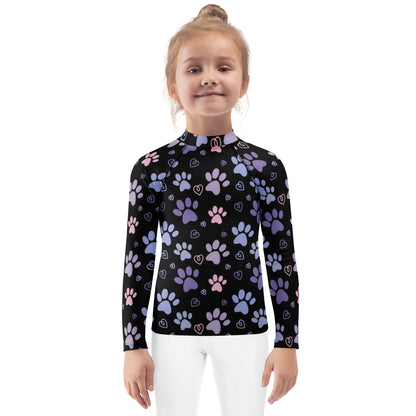 Girls Purple and Pink Paw Print Long Sleeve Rash Guard Swim Shirt With UPF 50+