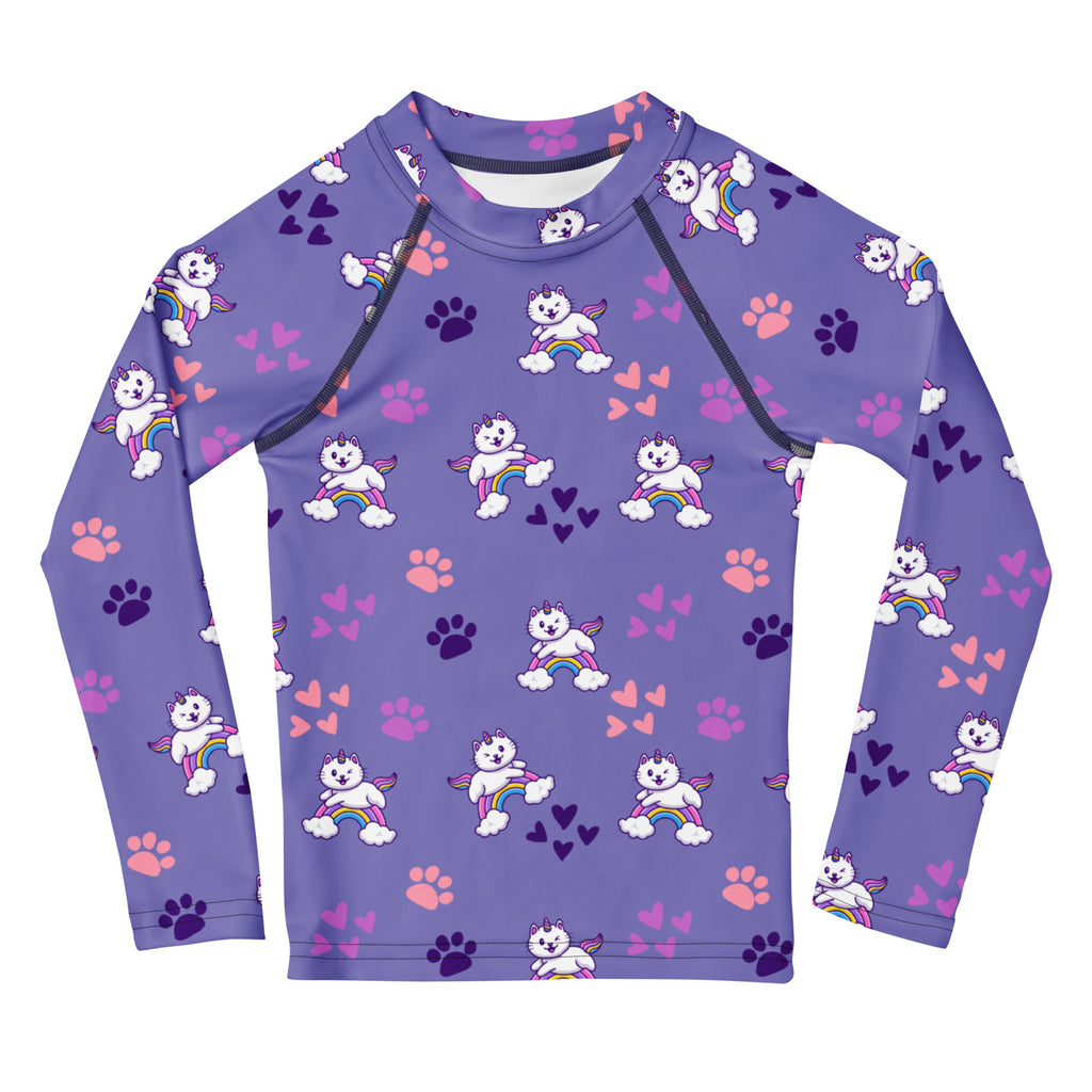Girls purple caticorn long sleeve rash guard swim shirt with playful white winged cats rainbow arcs and paw prints