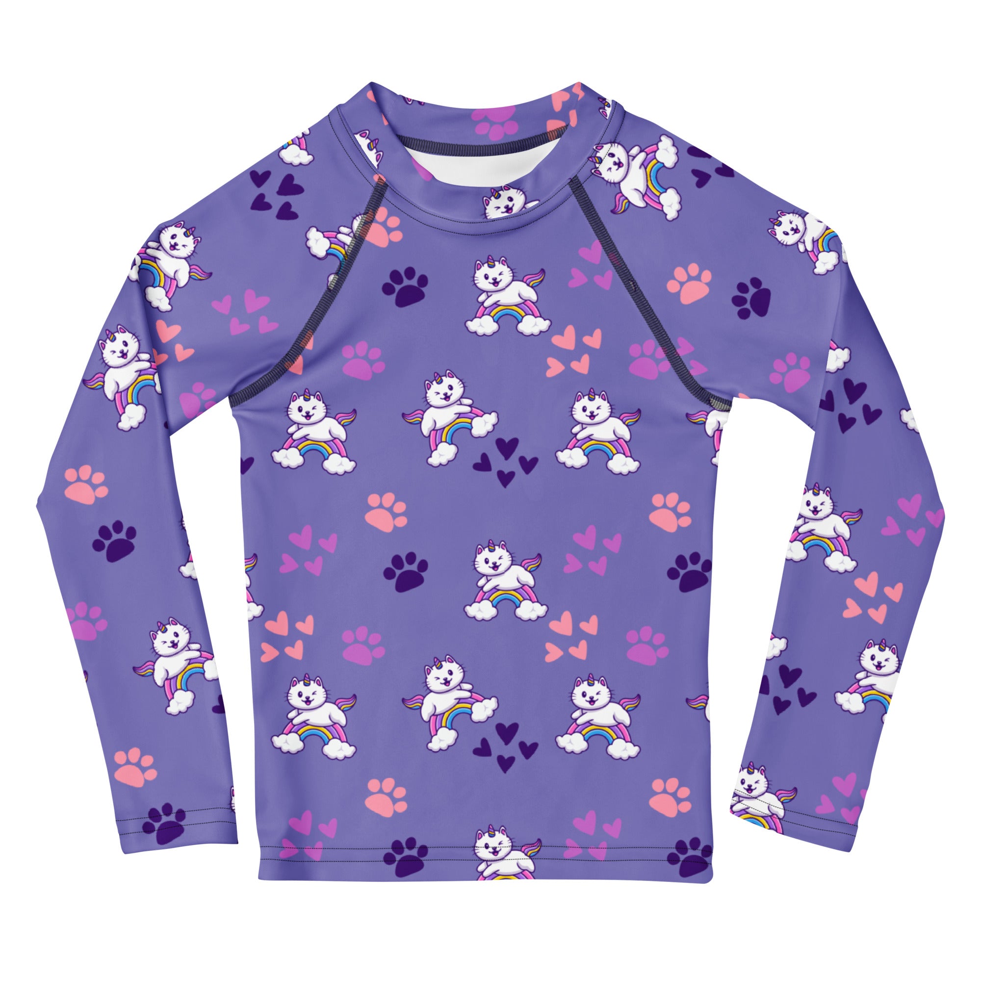 Girls purple caticorn long sleeve rash guard swim shirt with playful white winged cats rainbow arcs and paw prints