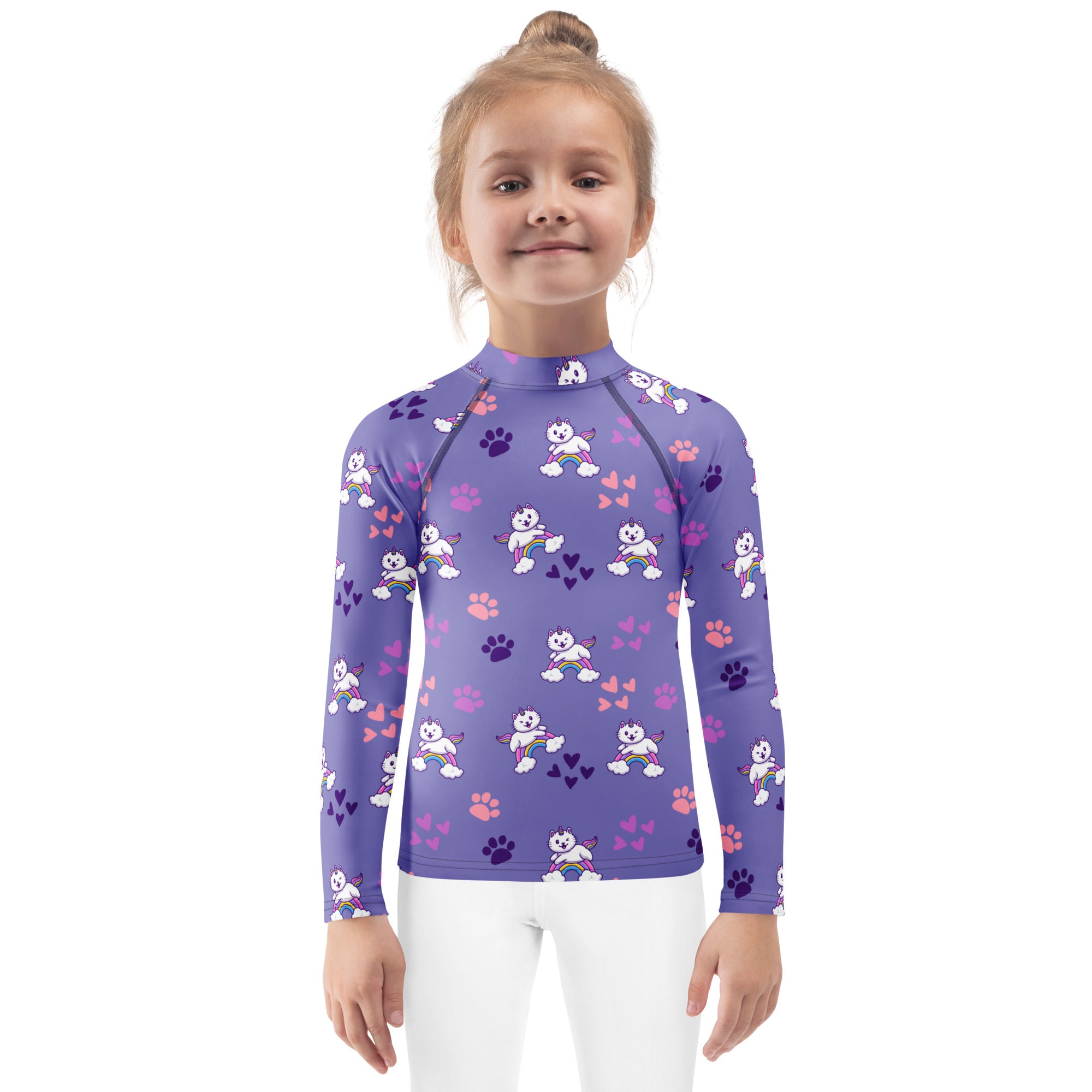 Girls purple long sleeve rash guard swim shirt with upf 50 plus featuring playful white panda rainbows hearts and paw prints